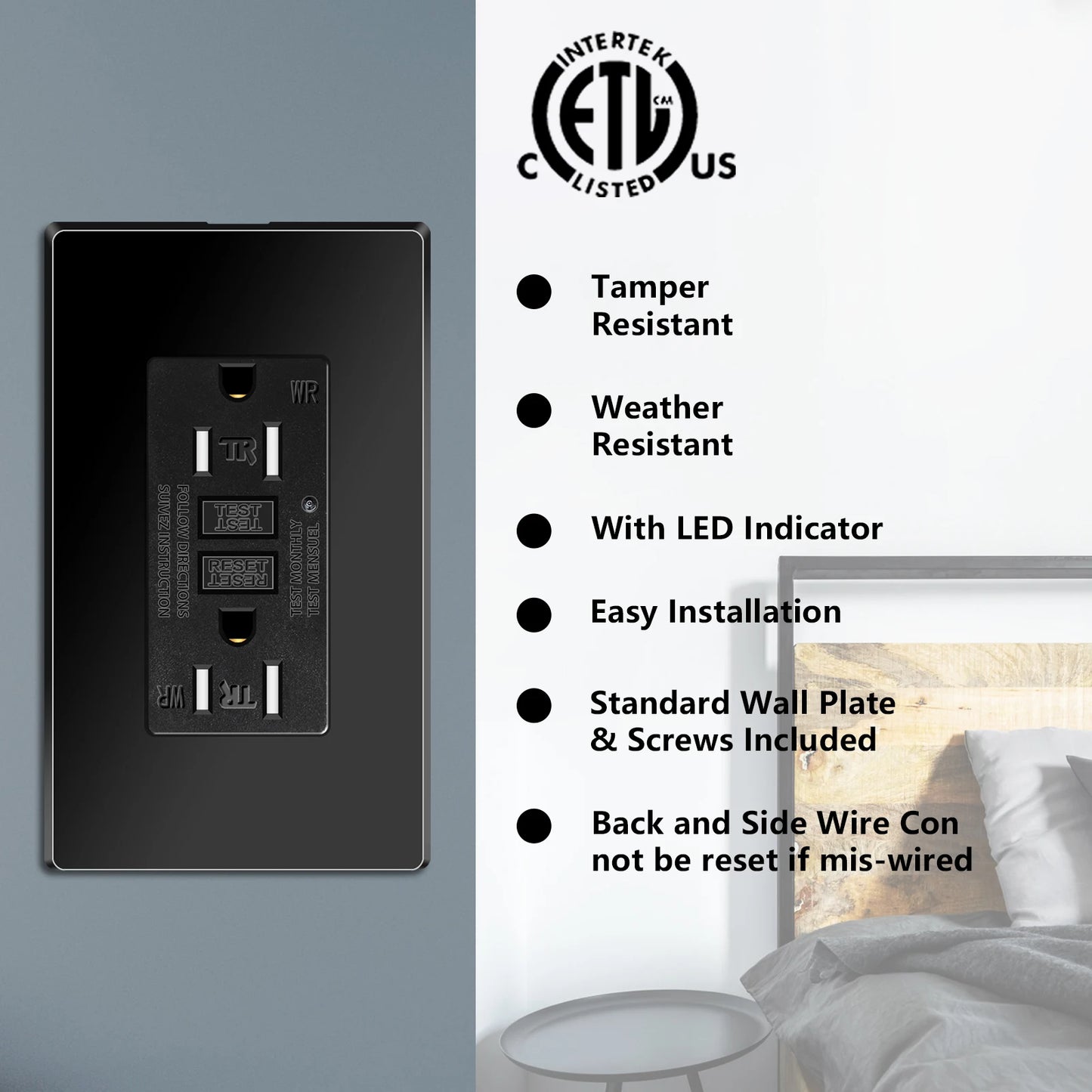 GFCI Outlet 15A 125V Black Tamper Resistant with LED