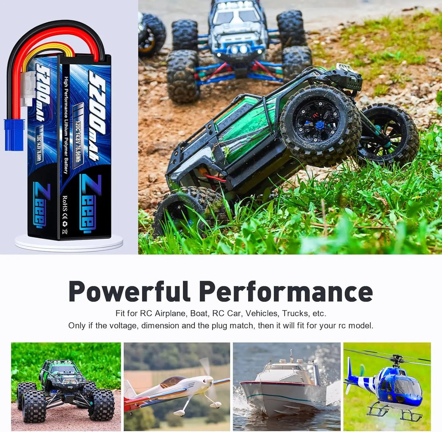 2pcs Zeee 4S 5200mAh Lipo Battery 14.8V 120C Hardcase EC5 Plug for 1/10 1/8 Scale Cars / Vehicles