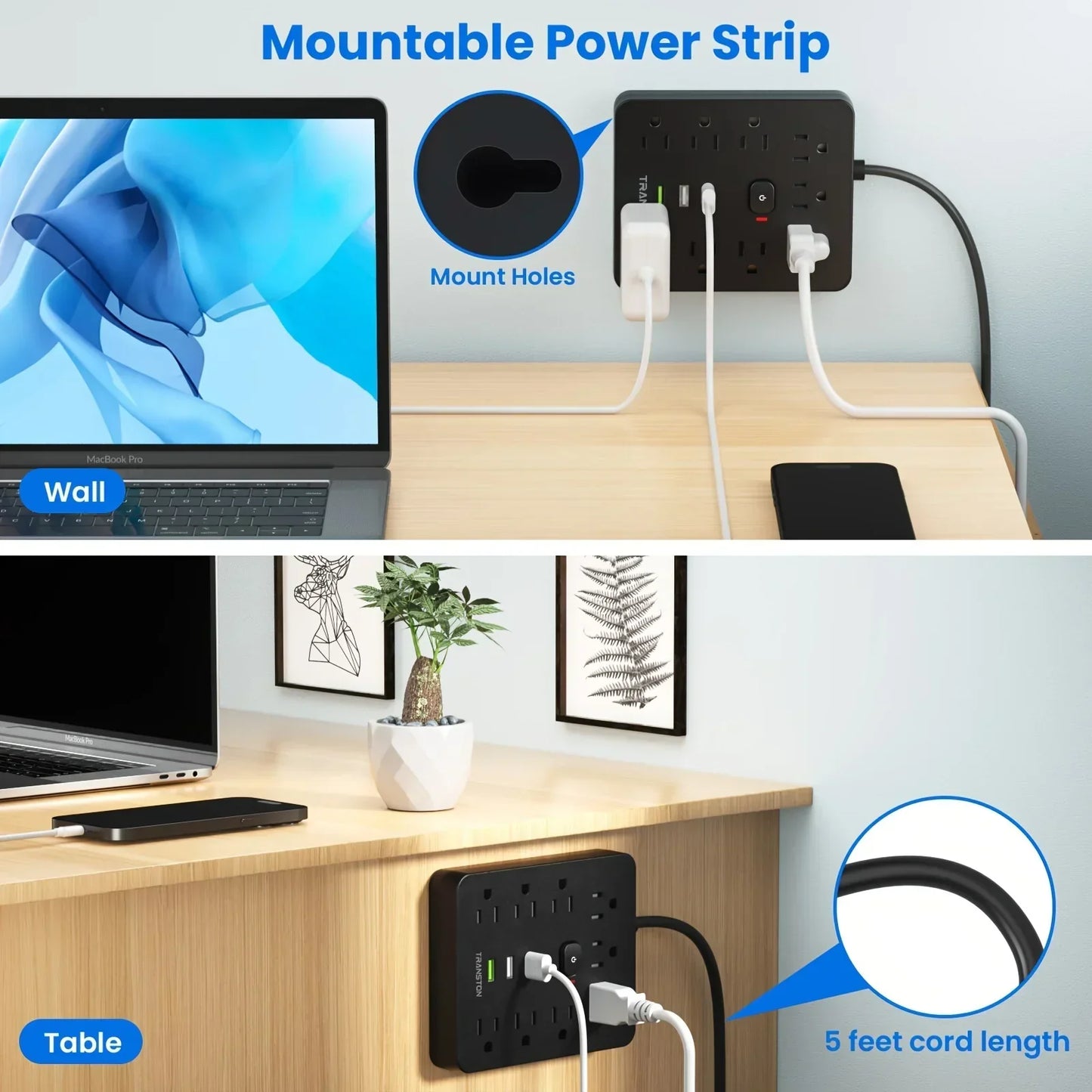 TRANSTON 9 Outlet Power Strip with USB ports and 5ft cord, wall-mounted and table setup.