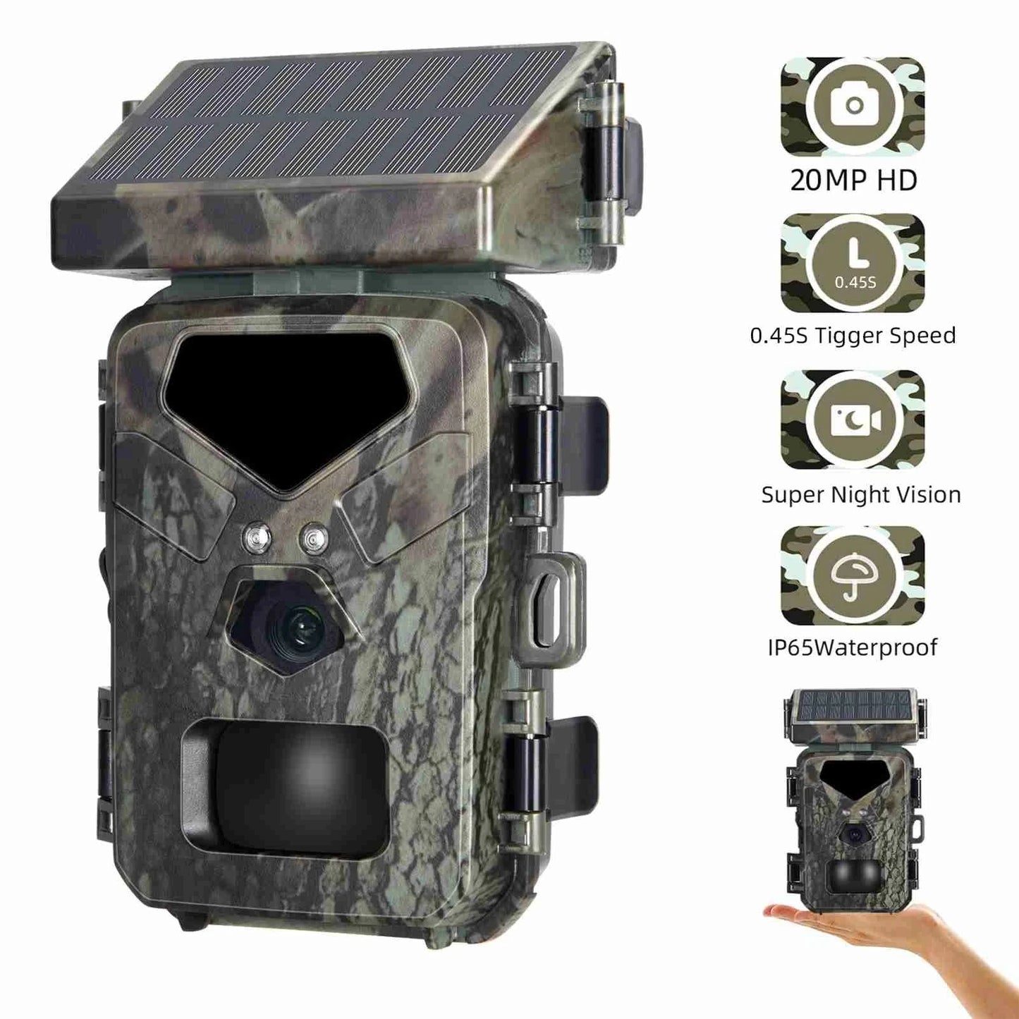 Hunting game camera 20MP 1080P with night vision, motion activated, solar panel, and waterproof design