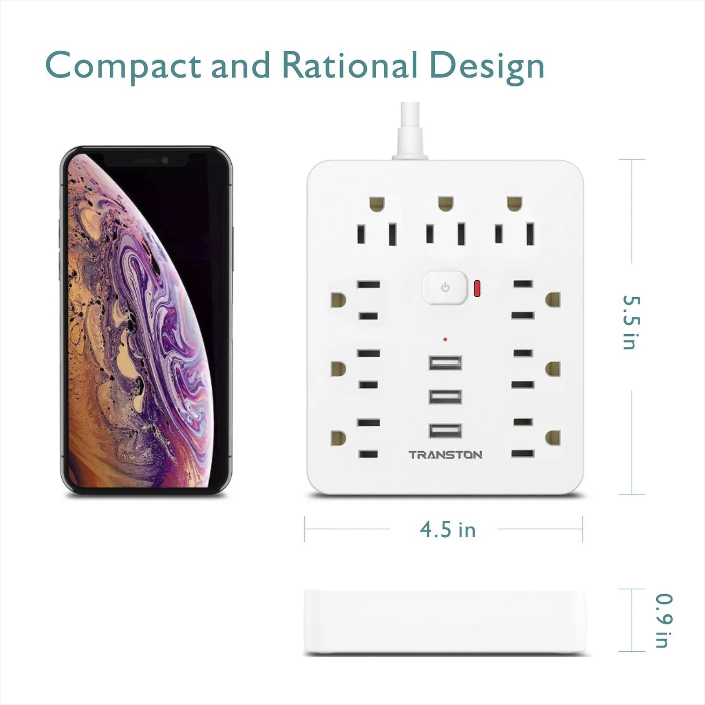 TRANSTON Power Outlet with Surge Protector, 9 power strip 3 USB Ports, 10ft Extension Cord, Quick Charge, For Home and Offic