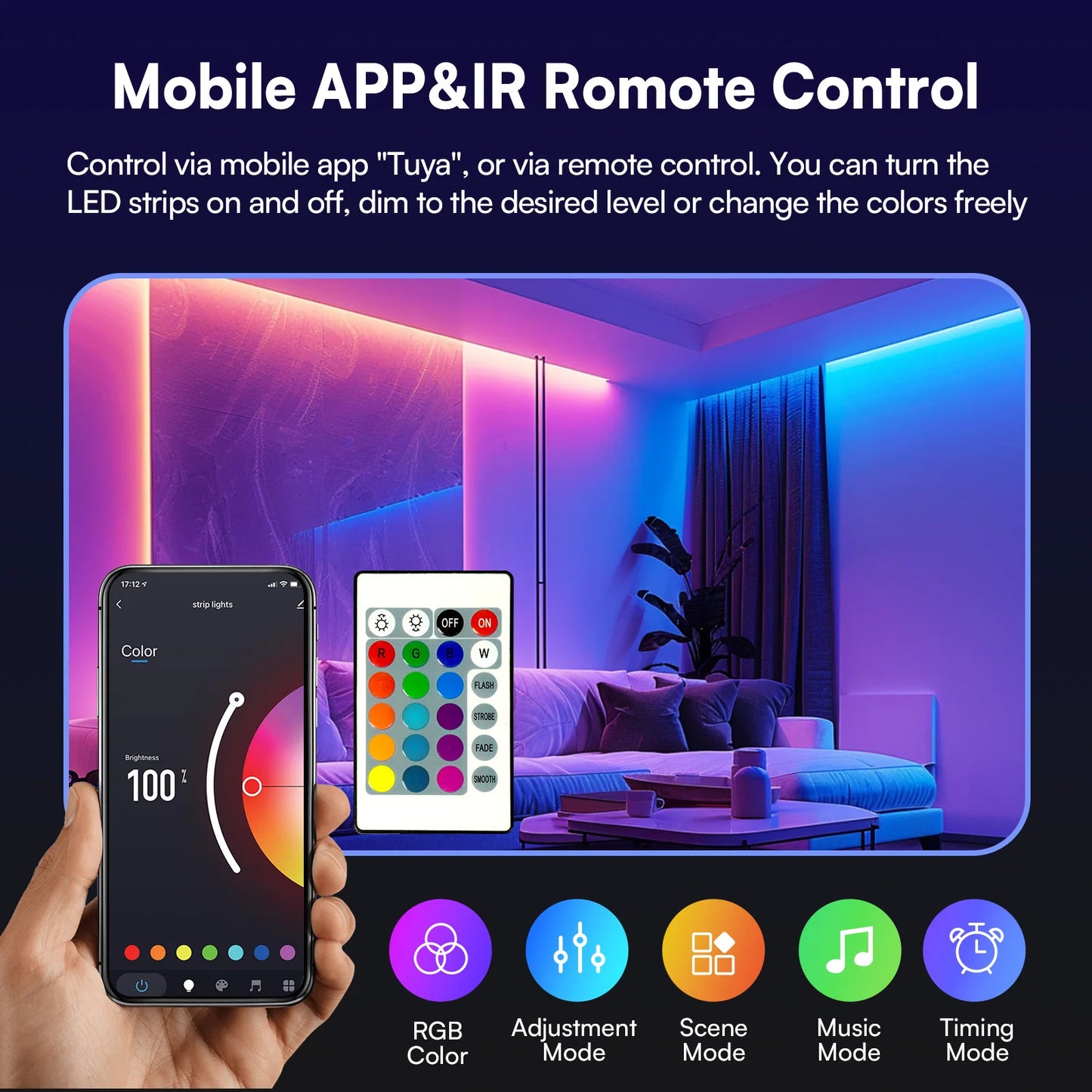 200ft/100ft Indoor Smart WiFi LED Light Strip with App and Remote Control RGB Colors and Built-in Mic