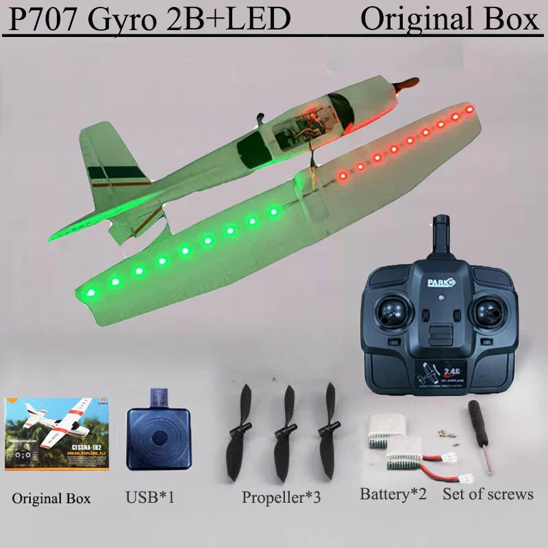 Park10 RC Airplane P707G with controller and accessories including propellers and USB charger in original box.