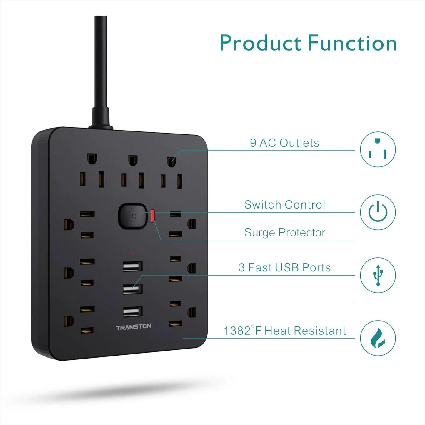 TRANSTON 9 outlet power strip surge protector with 3 USB ports and 5ft extension cord, features diagram.