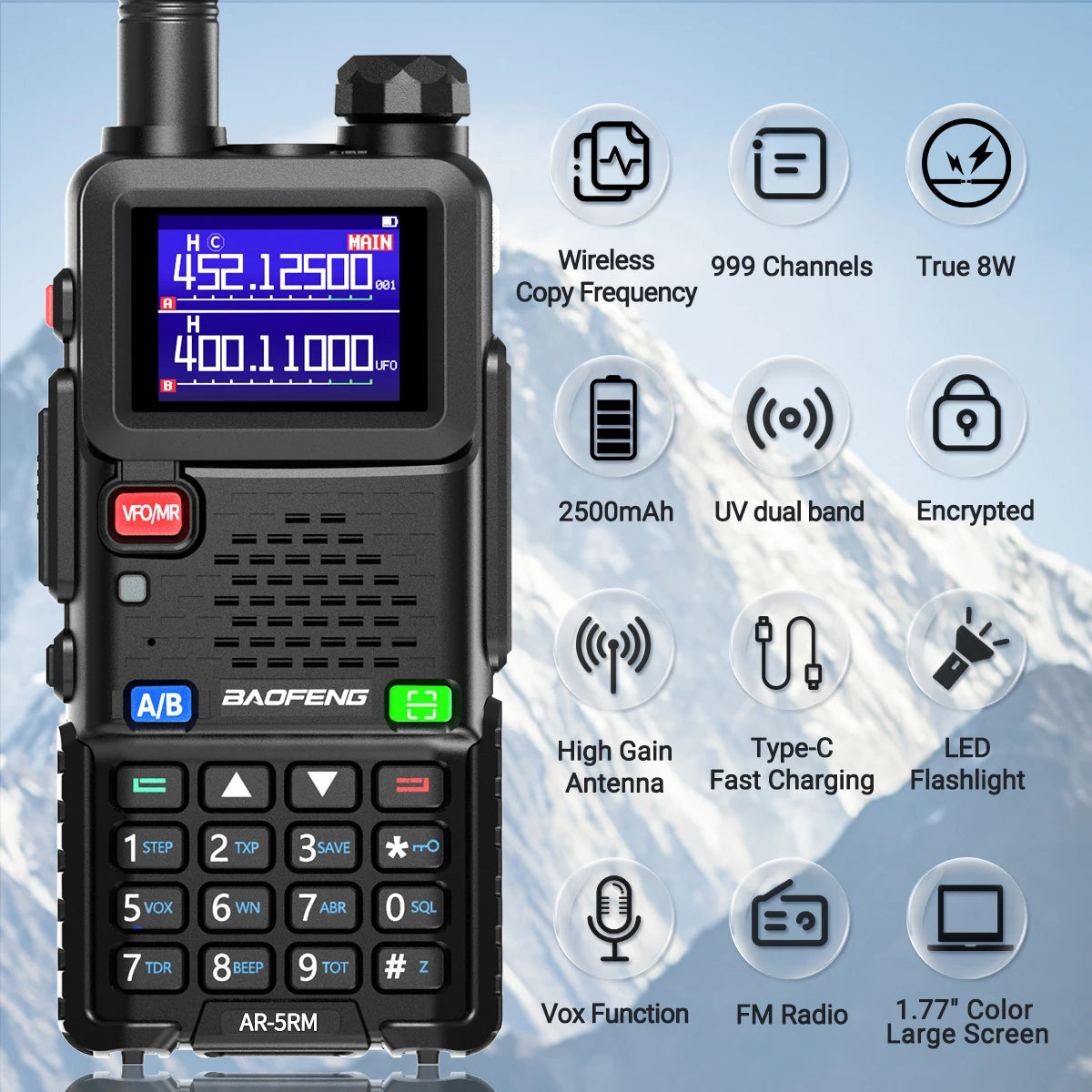 2PCS Baofeng AR-5RM 10W Walkie Talkie Multi Band Type-C Wireless Copy 999CH
