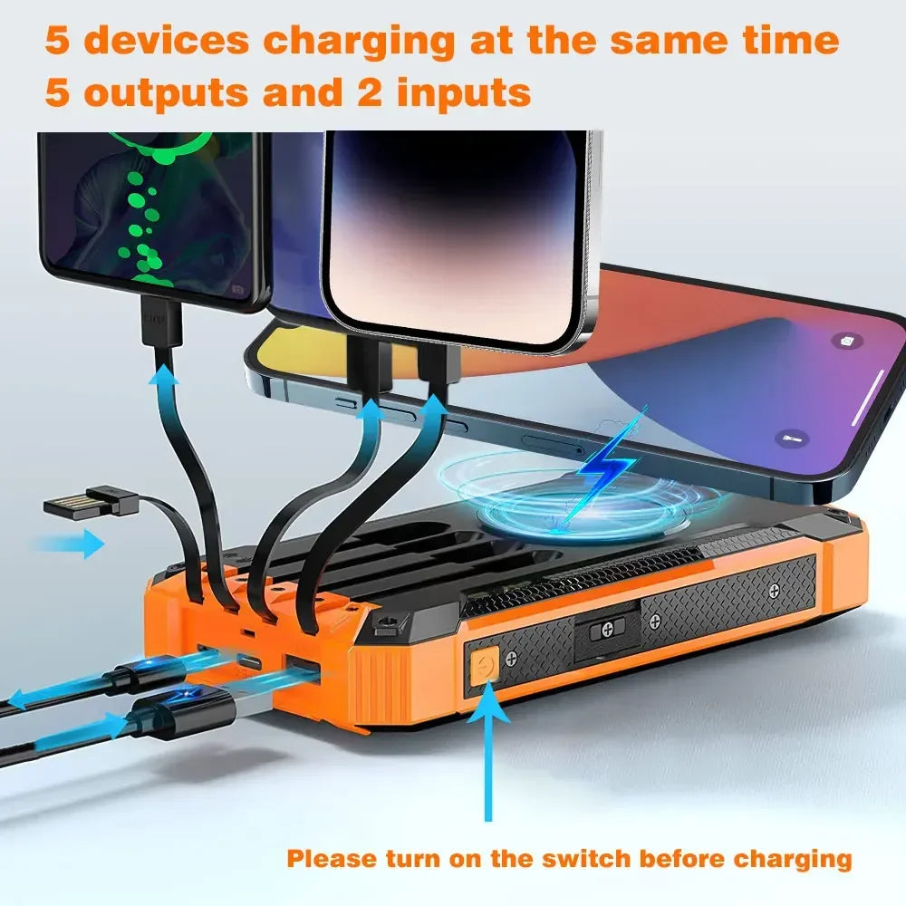 Solar Power Bank 10000mAh Portable Wireless Fast Charging with 4 USB Ports and 2 LED Lights
