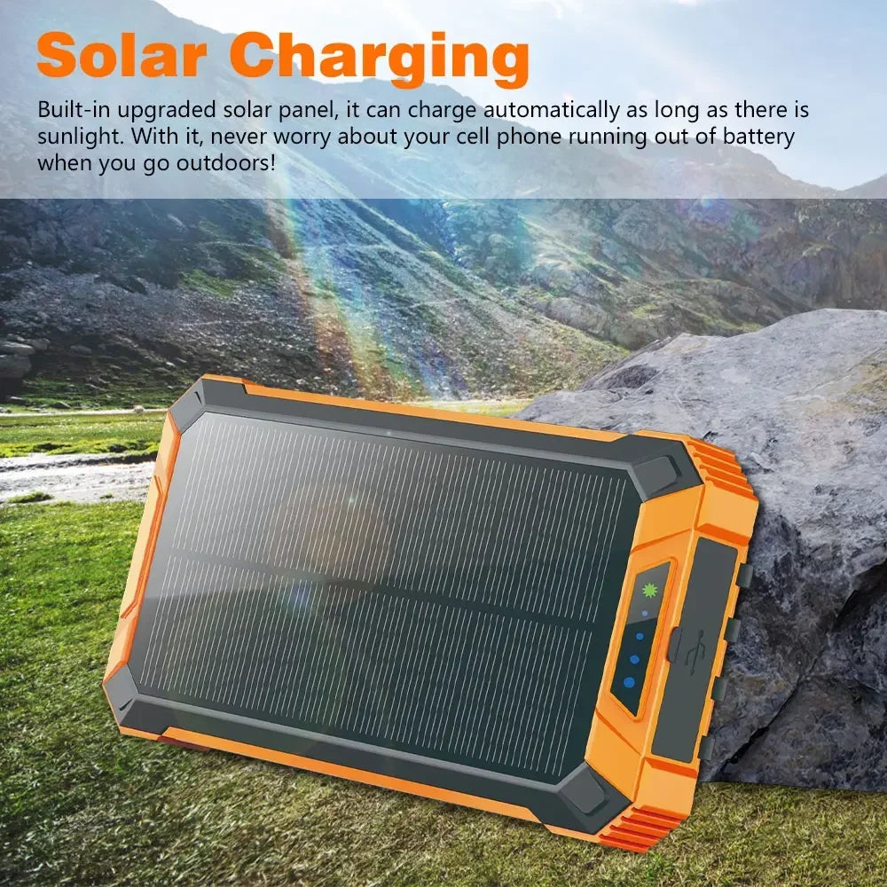 Solar Power Bank 10000mAh Portable Wireless Fast Charging with 4 USB Ports and 2 LED Lights