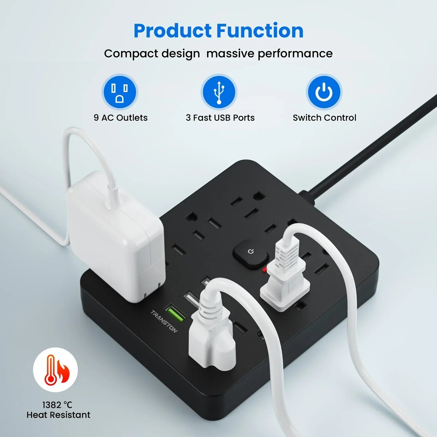TRANSTON 9 Outlet Power Strip with USB Ports and Extension Cord.