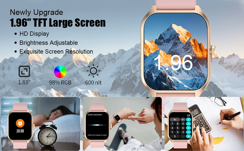 AI Voice Assistant Smart Watch 1.96" HD Screen 100+ Sports Sleep Heart Rate Monitor