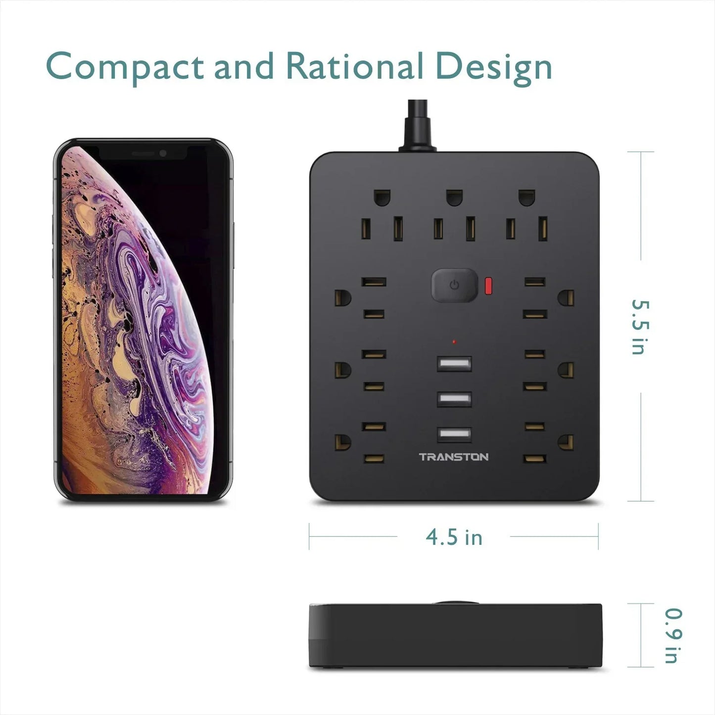 TRANSTON 9 outlet power strip surge protector with 3 USB ports, 5ft extension cord, black rectangular design.