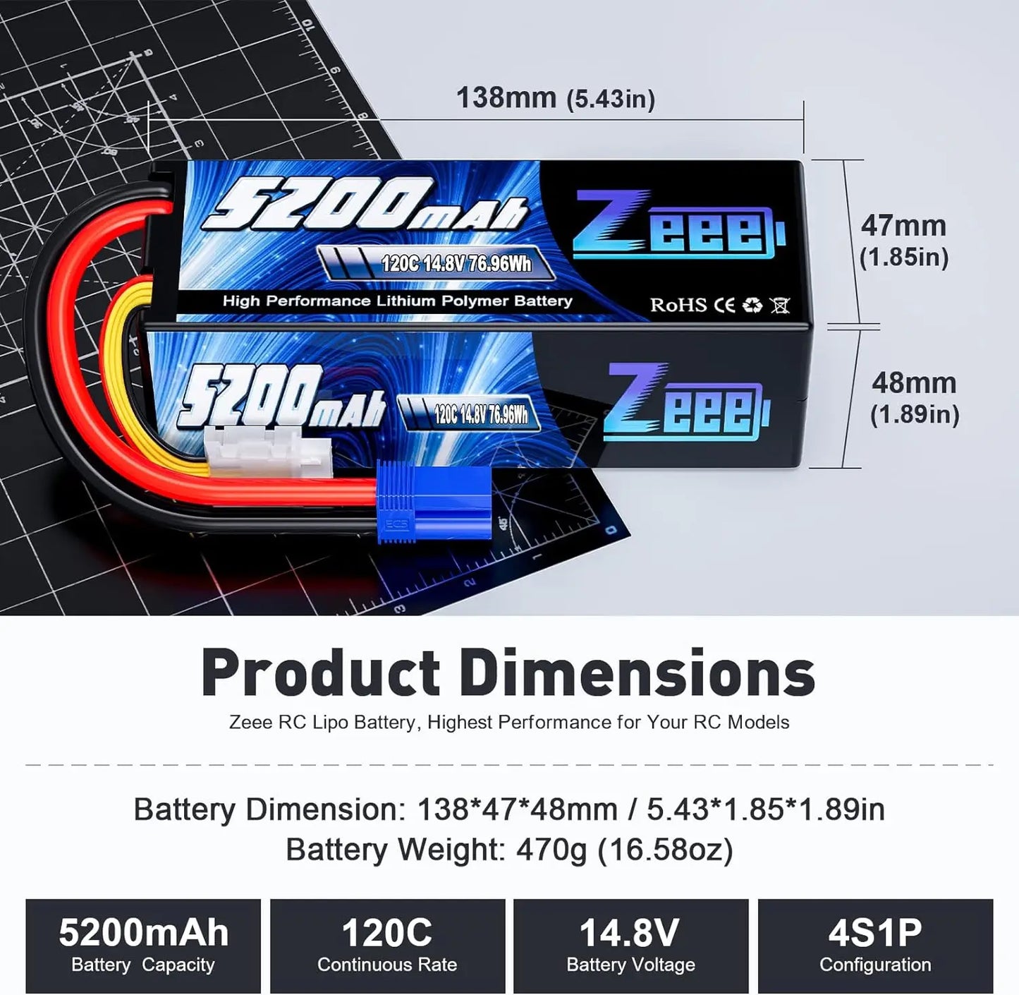 2pcs Zeee 4S 5200mAh Lipo Battery 14.8V 120C Hardcase EC5 Plug for 1/10 1/8 Scale Cars / Vehicles