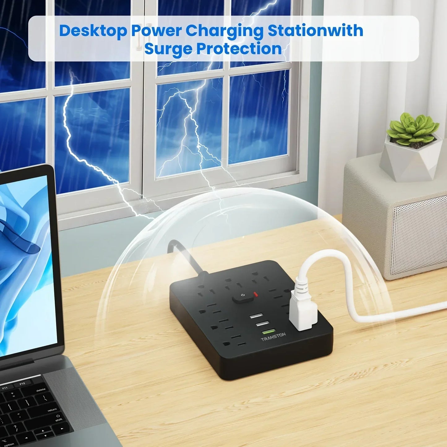 TRANSTON 9 Outlet Power Strip with Surge Protector and USB Ports on desk.
