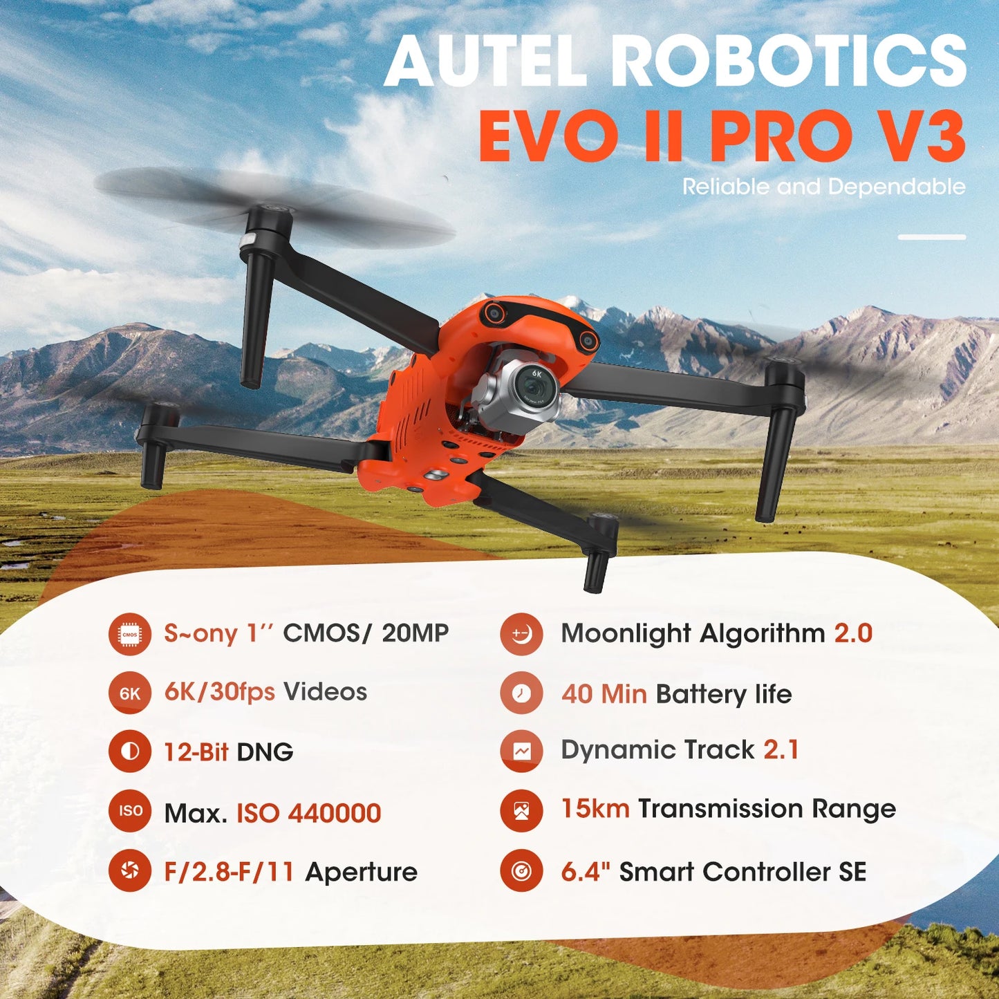 Autel EVO II Pro V3 6K Drone 1Inch CMOS HD Camera 10KM Transmission 720 Obstacle Avoidance
