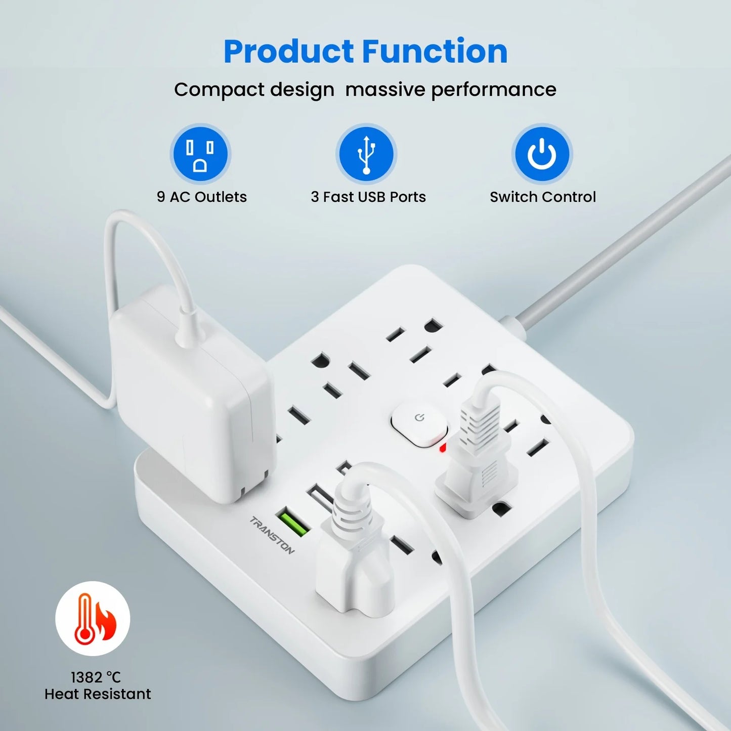 Power Strip with Surge Protector 9 Outlets 3 USB Ports 5ft Extension Cord