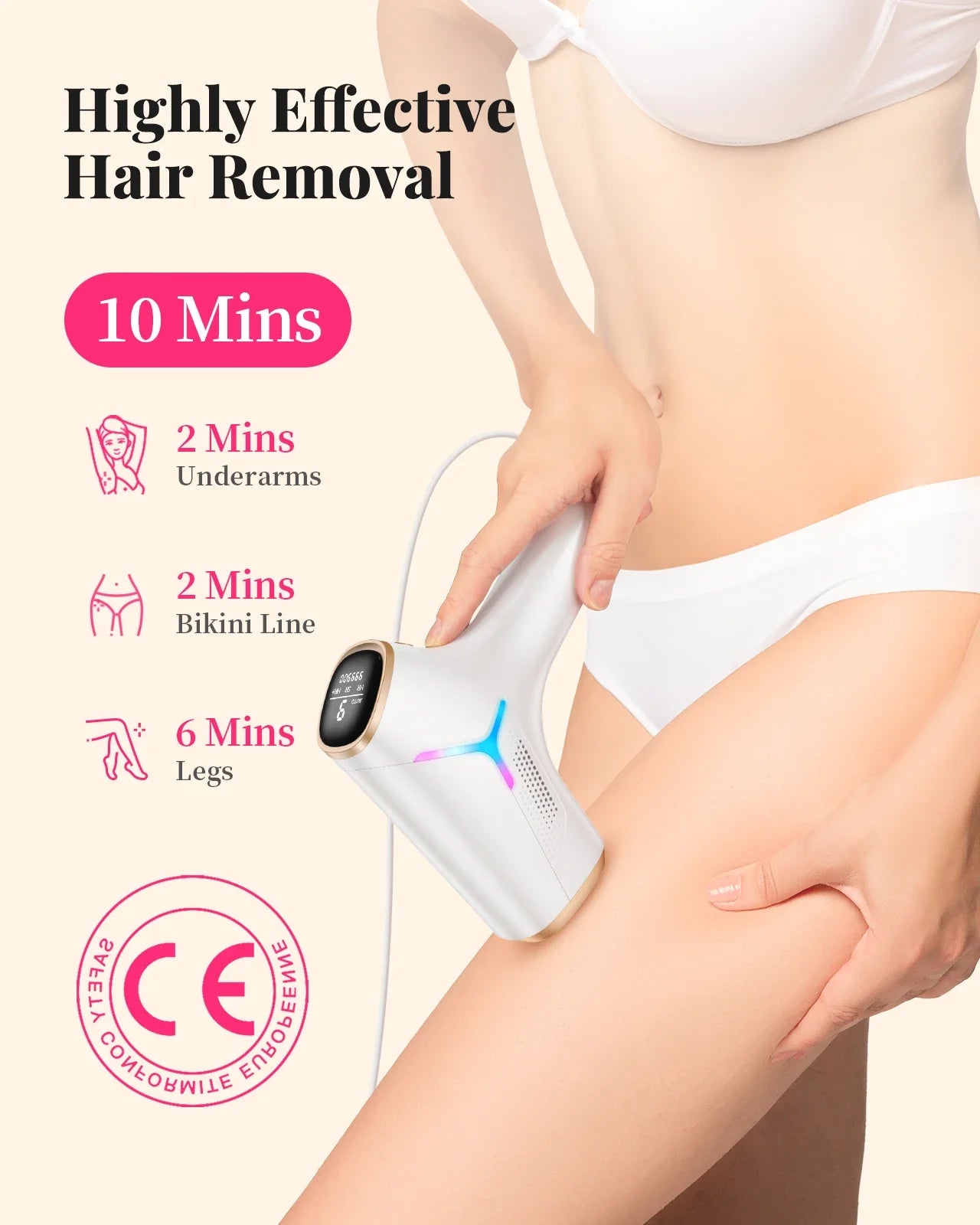 Laser hair removal device for women and men, effective for bikini, body, face, and underarm use.