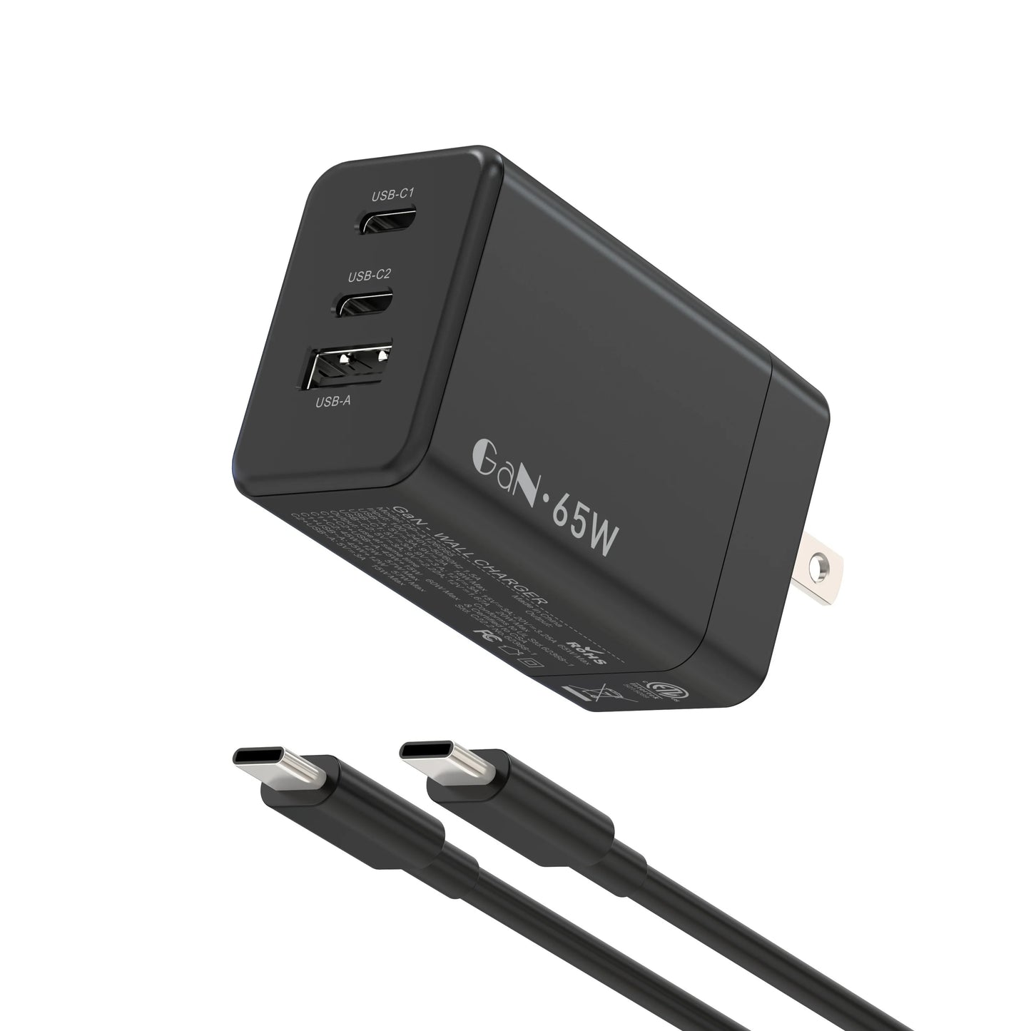 65W USB C GaN Charger 3 Port Travel Charger with 6.6FT Type-C Cable for iPhone iPad Laptop