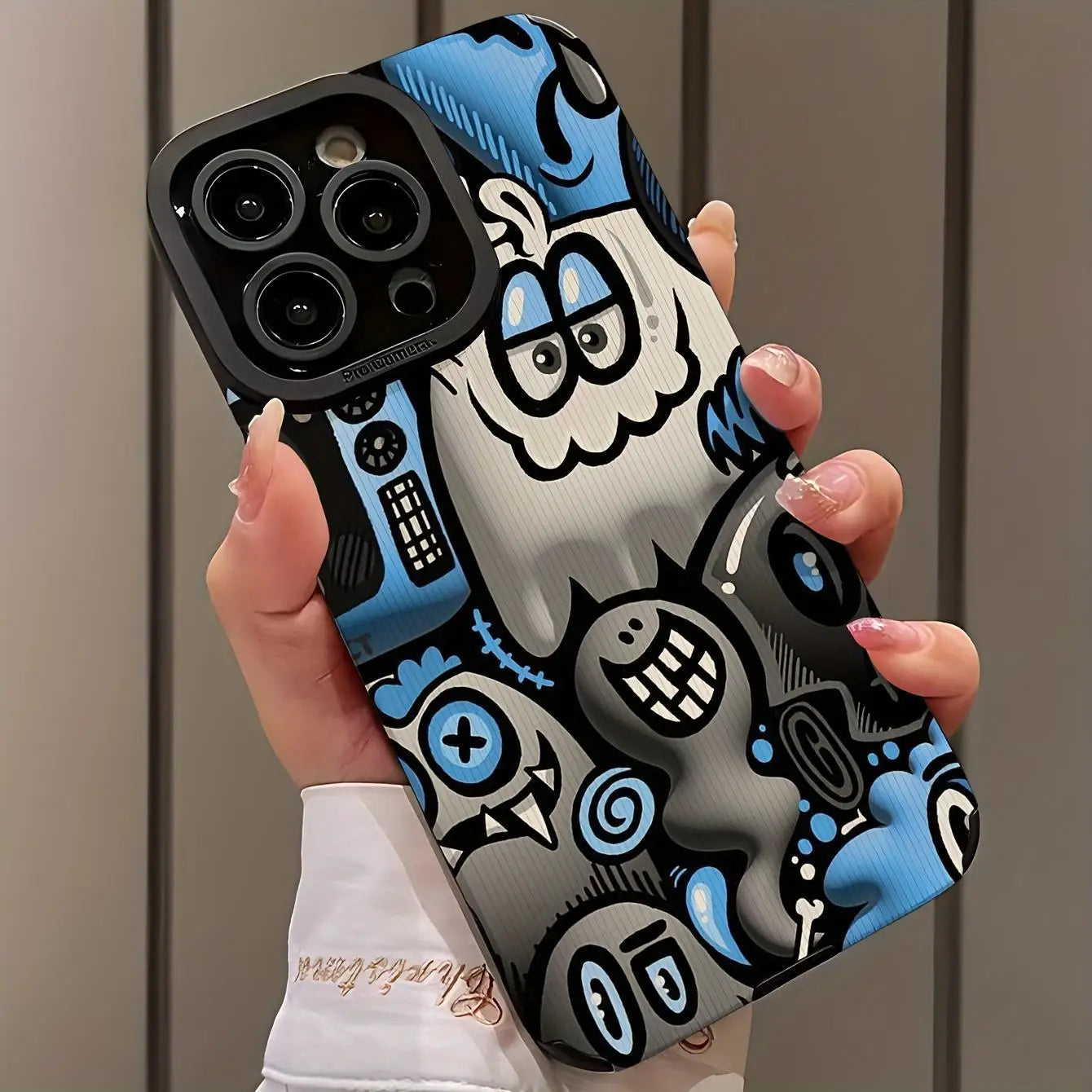 Cartoon graffiti phone case for iPhone 16 Pro Max to 11, colorful design.