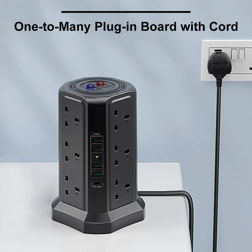 13A 3250W Tower Power Strip with 12 Outlets and 5 USB Ports, PD18W Fast Charging