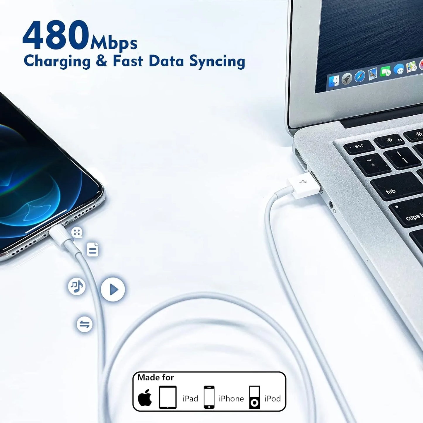 2-Pack 10Ft Fast Charging Lightning Cable with USB Wall Charger for iPhone iPad