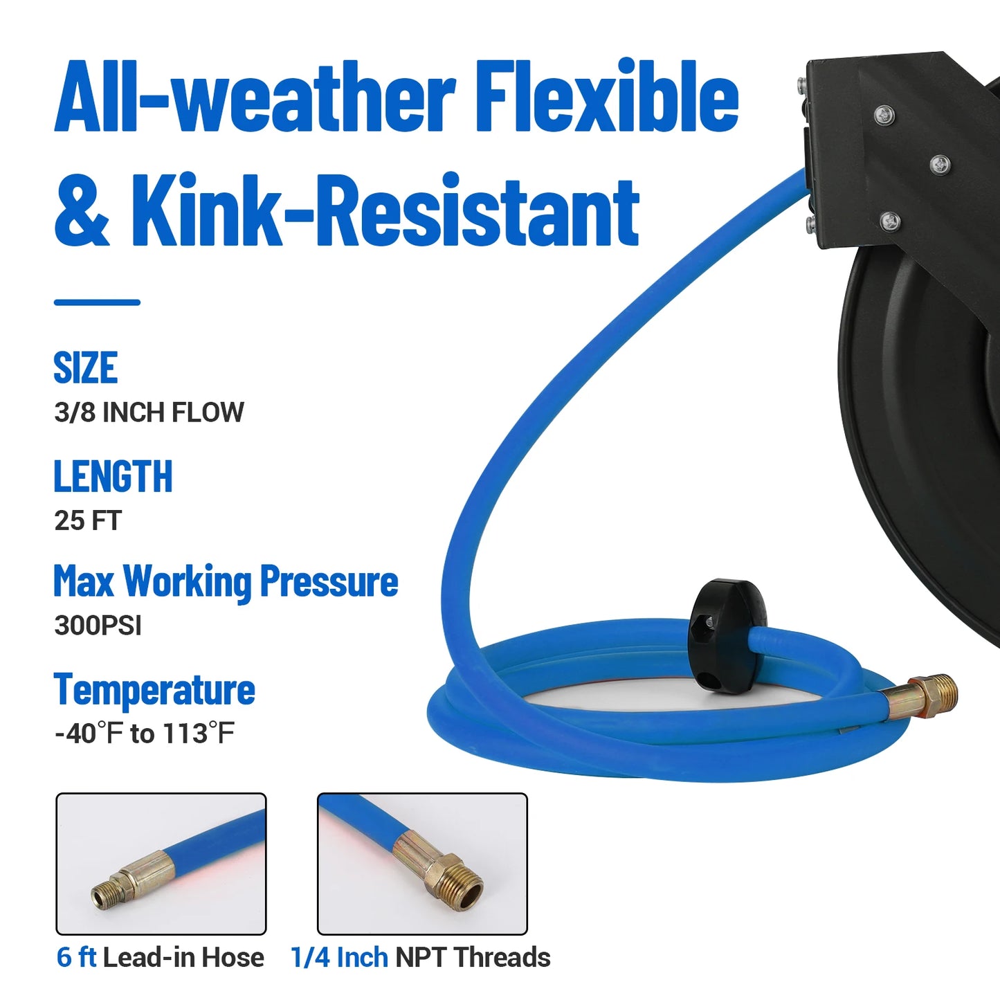 Retractable Air Hose Reel Heavy Duty Hybrid Hose Auto Rewind Ceiling Wall Mount Enclosed Air Reel