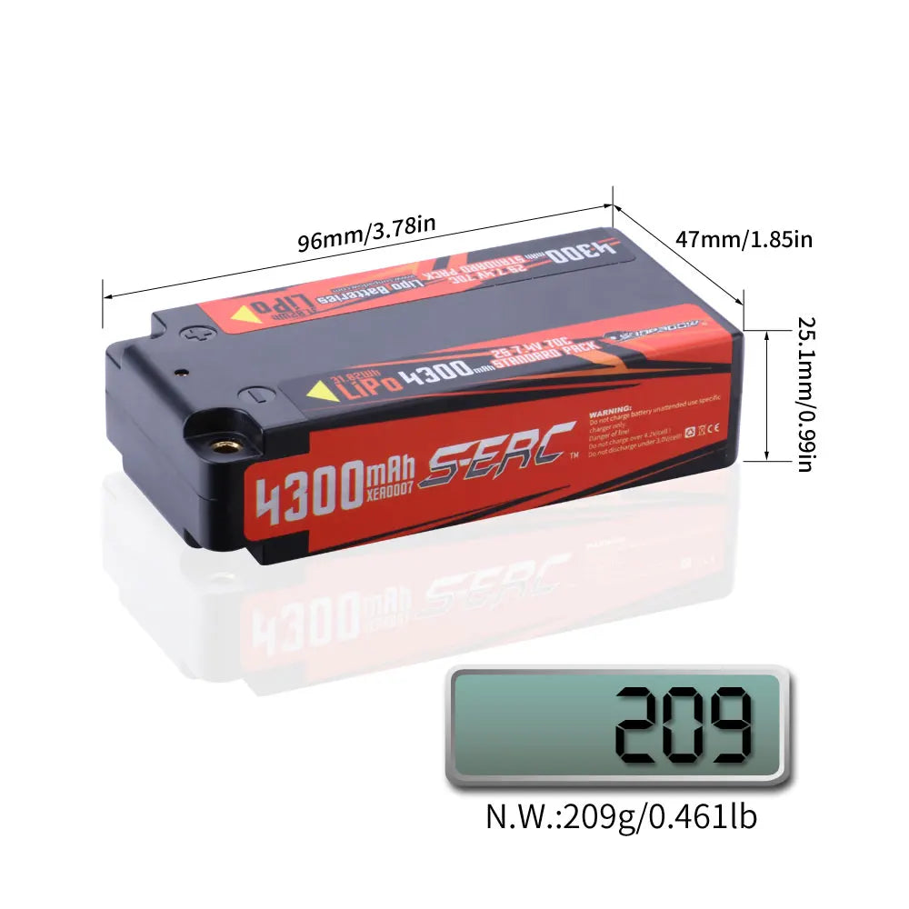 Sunpadow 2S 4300mAh Lipo Battery 7.4V 70C Shorty Hard Case with 4mm Bullet for RC 1/8 1/10 Scale Car Truck Vehicle Tank Buggy