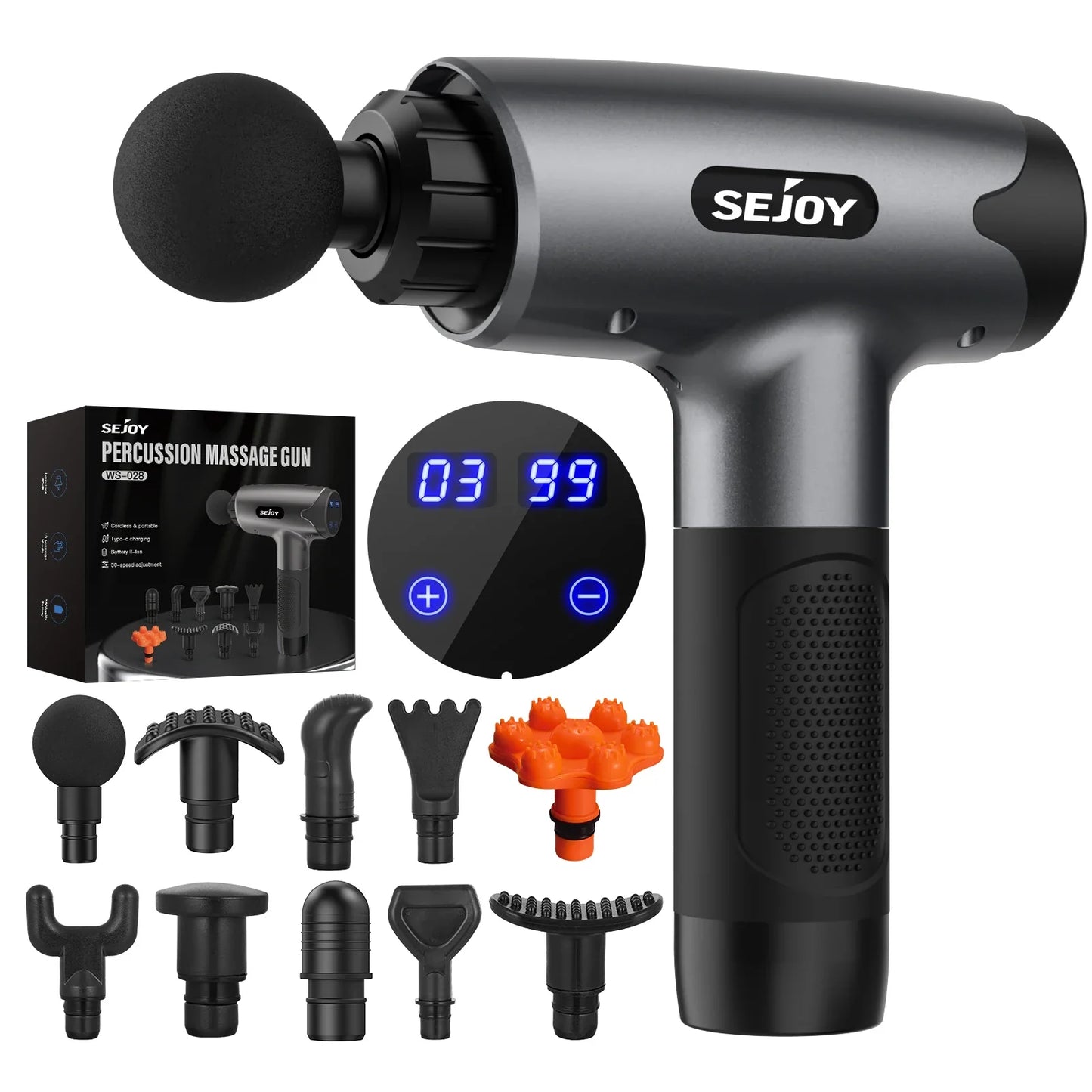 Sejoy Fascia Gun 30-speed massager with LED display and 10 interchangeable heads for deep massage and fatigue relief.