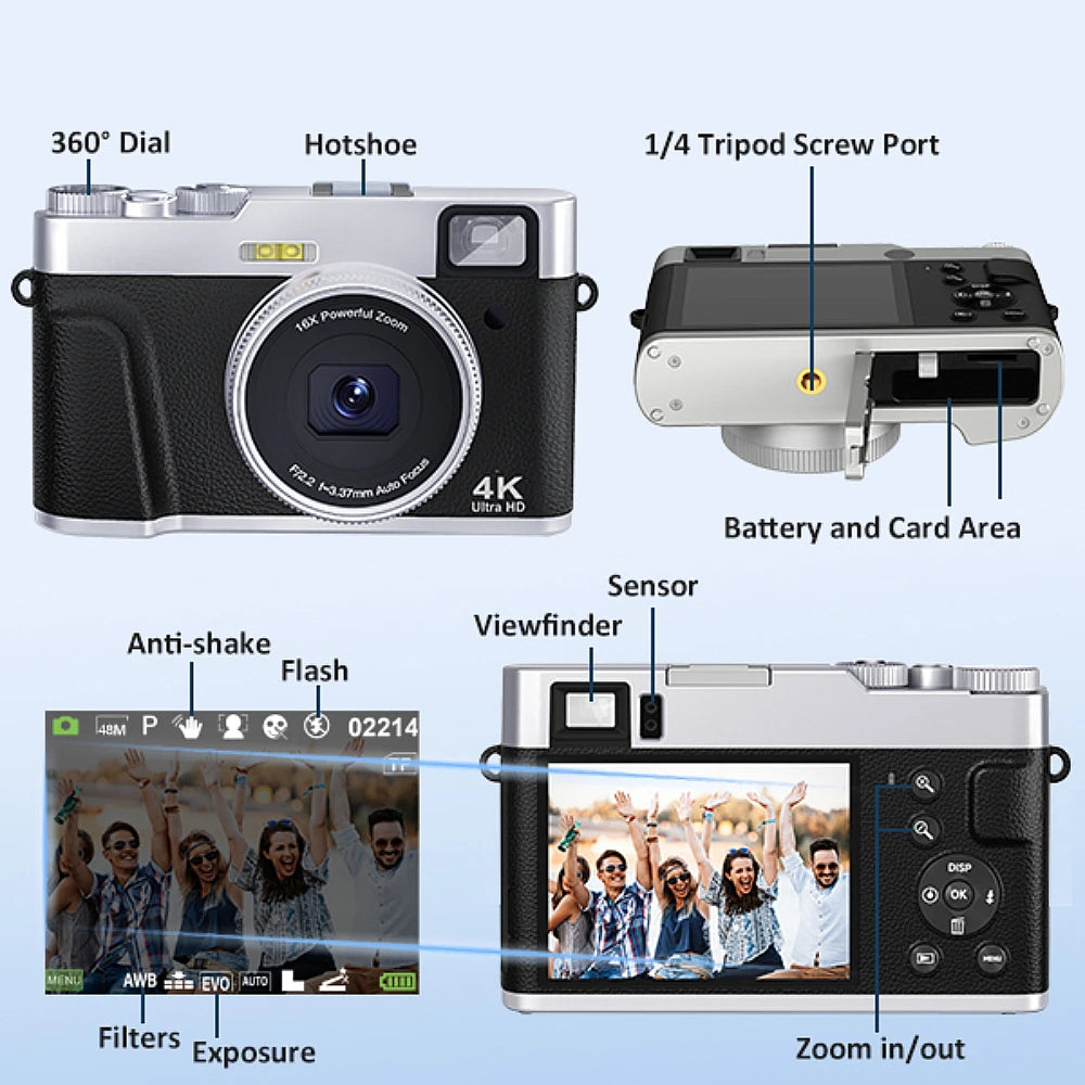 ZOSTUIC 4K Digital Camera 48MP Vlogging Camera with Autofocus 16X Zoom Anti-Shake 32GB Card