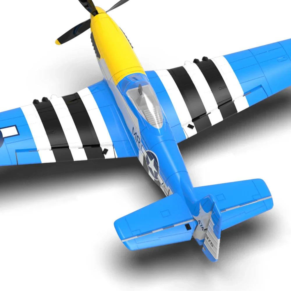 Volantex RC Mini Mustang P-51D V2 model airplane with 400mm wingspan in blue and yellow design.