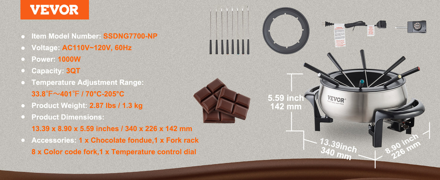 VEVOR 3Qt Electric Chocolate Melting Pot Fondue Set Cheese Warmer