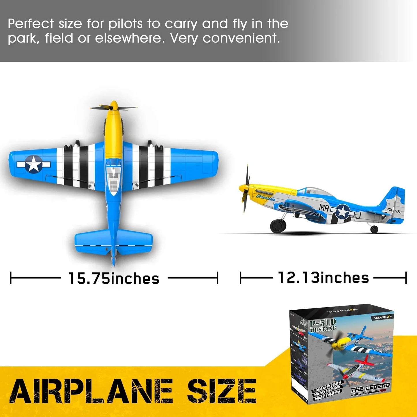 Volantex RC Mini Mustang P-51D V2 model airplane with 15.75-inch wingspan and 12.13-inch length.