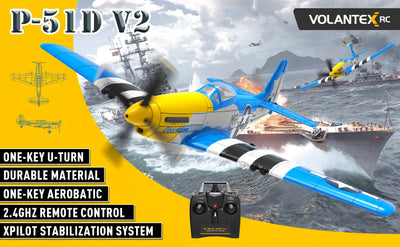 Volantex RC Mini Mustang P-51D V2 model airplane flying over naval ships.
