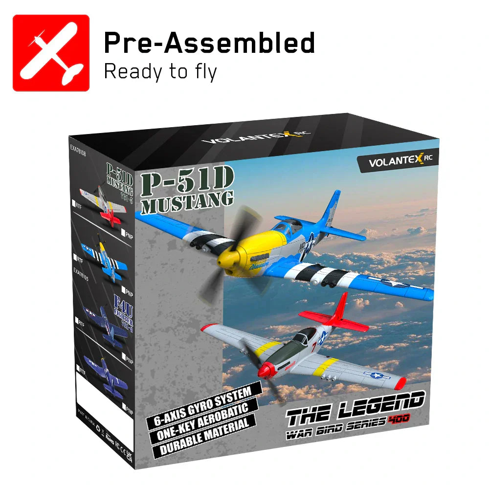 Volantex RC Mini Mustang P-51D V2 EPP, 400mm wingspan, remote-controlled airplane for outdoor use, pre-assembled.