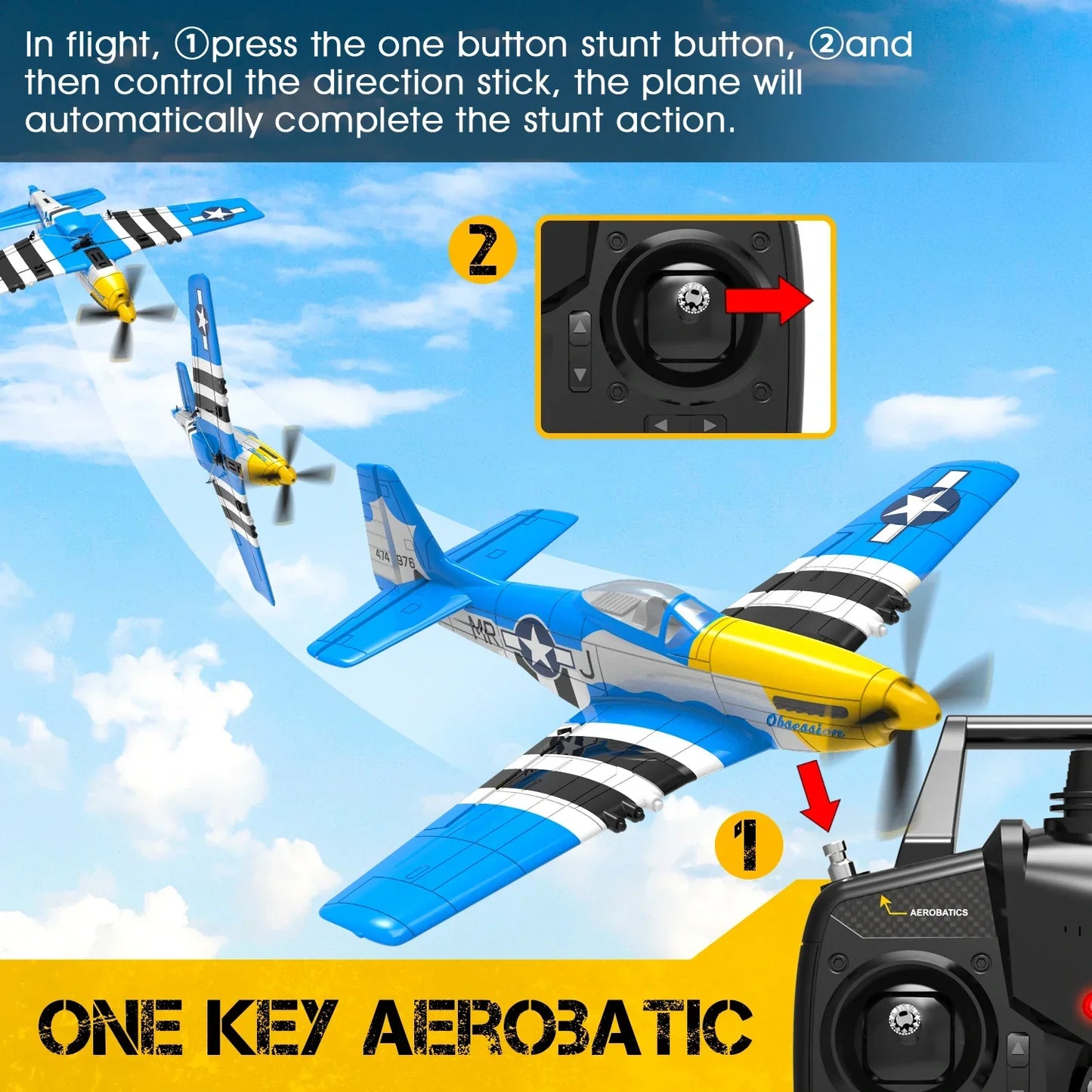 Volantex RC Mini Mustang P-51D V2 performing one-key aerobatics in flight with controller display.