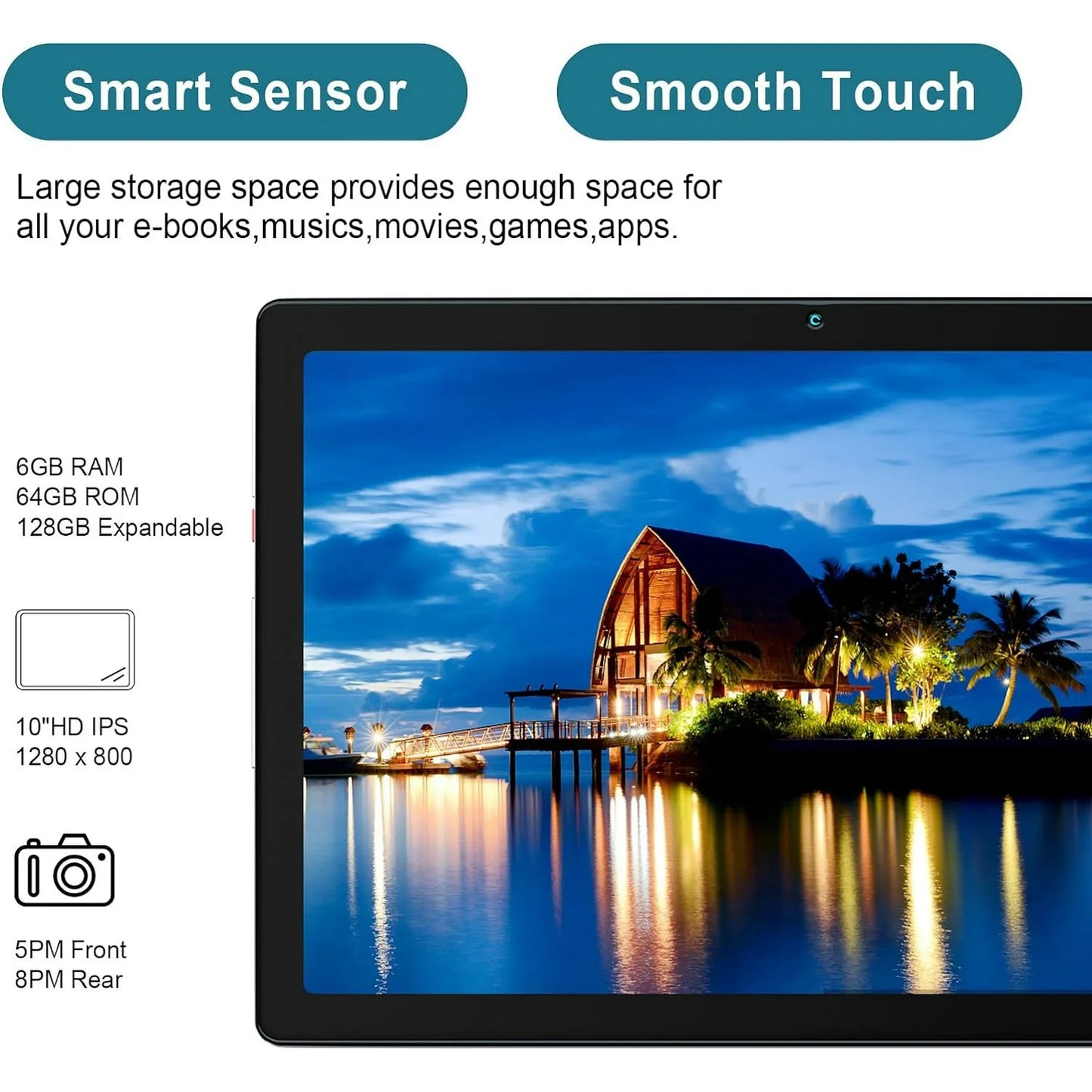 BESTSKI 10.1 Inch Tablet 6GB RAM 64GB ROM 128GB Expandable 5000mAh Dual Camera (Silver)