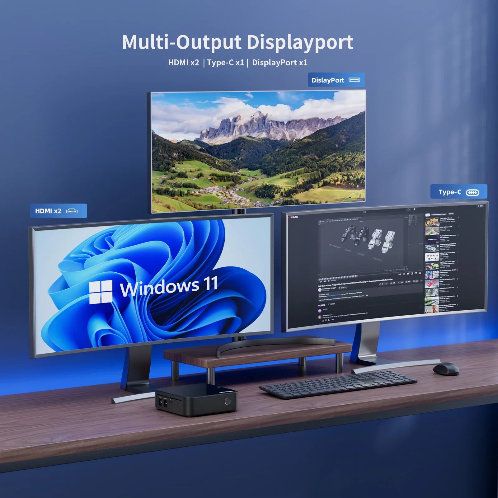 DreamQuest Mini PC Windows 11 setup with dual monitors and keyboard, featuring multiple display outputs.