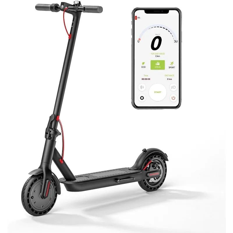 Foldable electric scooter for adults with 8.5 inch tires, 350W motor, 19MPH top speed, 21 mile range, and smartphone app control.