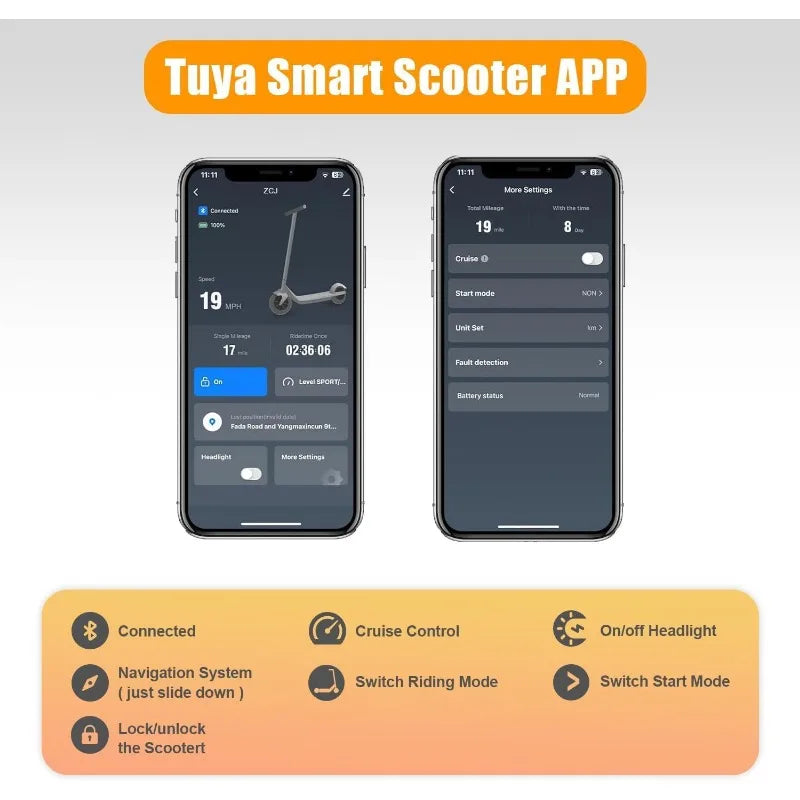 Foldable electric scooter for adults with 8.5 inch tires, 350W motor, 19MPH top speed, 21 mile range, and Tuya Smart Scooter app controls.