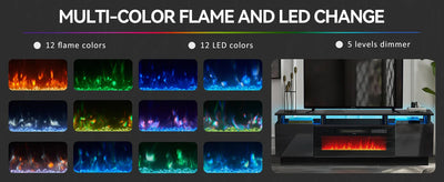 70 inch modern electric fireplace TV cabinet with LED lights and electronic flame, featuring multi-color flame and LED options.