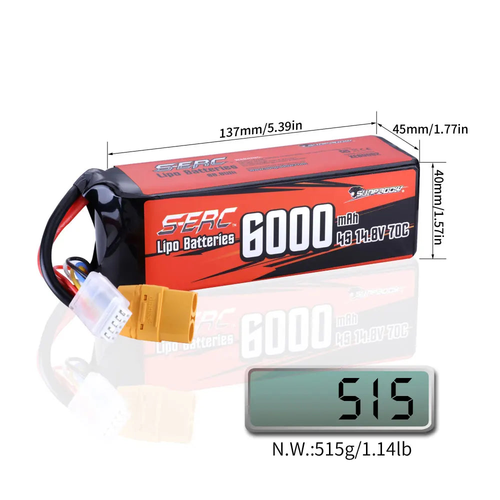 Sunpadow 4S Lipo Battery 14.8V 7300mAh 70C with XT90 T Connector for RC Buggy Truggy Vehicle Car Truck Tank Racing Hobby