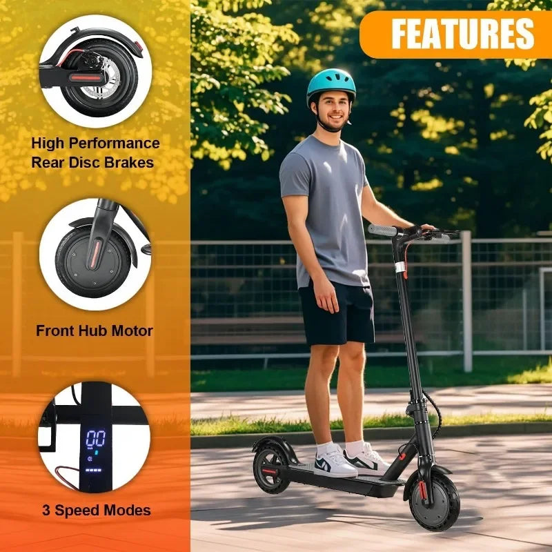 Adult foldable electric scooter with 8.5 inch tires, 350W front hub motor, rear disc brakes, three speed modes, and digital display.