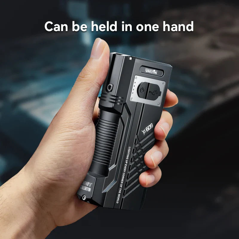 WARSUN 4000Lm LED flashlight held in one hand, rechargeable tactical lantern for camping.