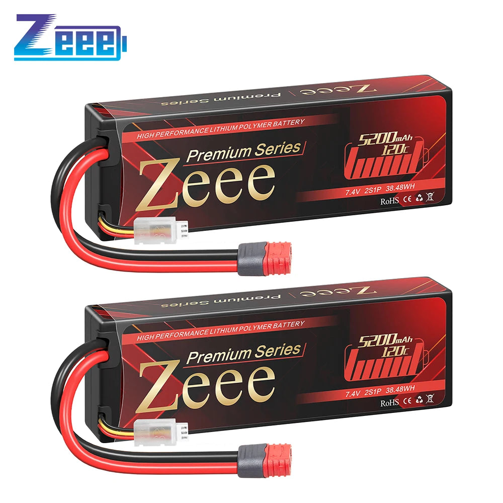 2pcs Zeee 2S Lipo Battery 5200mAh 120C Hardcase with T Plug for RC Car 1/8 1/10 Vehicles Premium Series