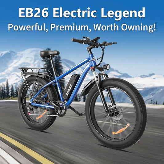 AMYET Electric Bike EB26 fat tire electric mountain bike with 1500W motor and 26-inch wheels on road