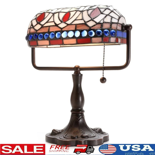 Tiffany Style Banker Desk Lamp Vintage Blue