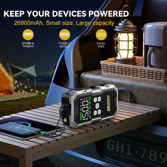 6000A Powerful Car Battery  Jump Starter With Air Compressor LCD Screen 21800mAh Portable Booster
