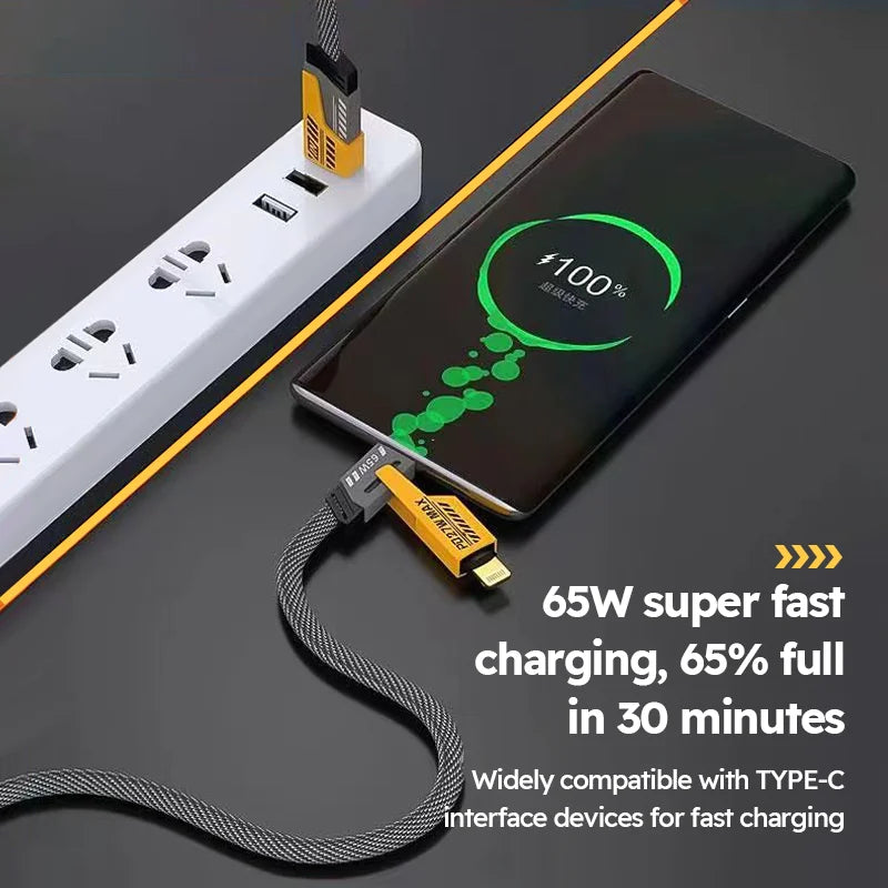 4 in 1 Fast Charging Cable USB A Type C Dual Connector Nylon Braided PD 65W 27W for iPhone/Android/Xiaomi