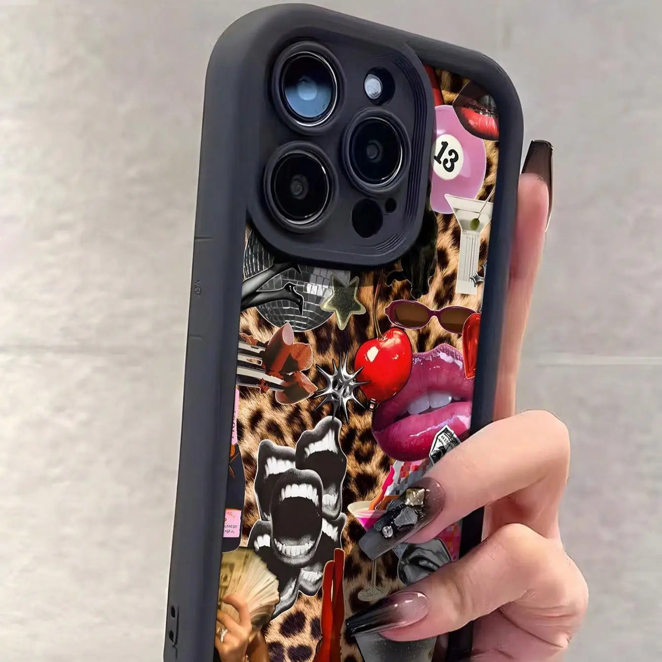 Lips and leopard print phone case for iPhone 16 Pro Max to X/XS.