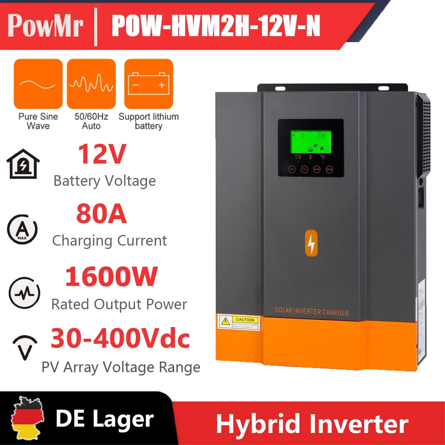 PowMr 2000W 12V Hybrid Solar Inverter with Built-in 80A MPPT Solar Charger 220V Pure Sine Wave Output