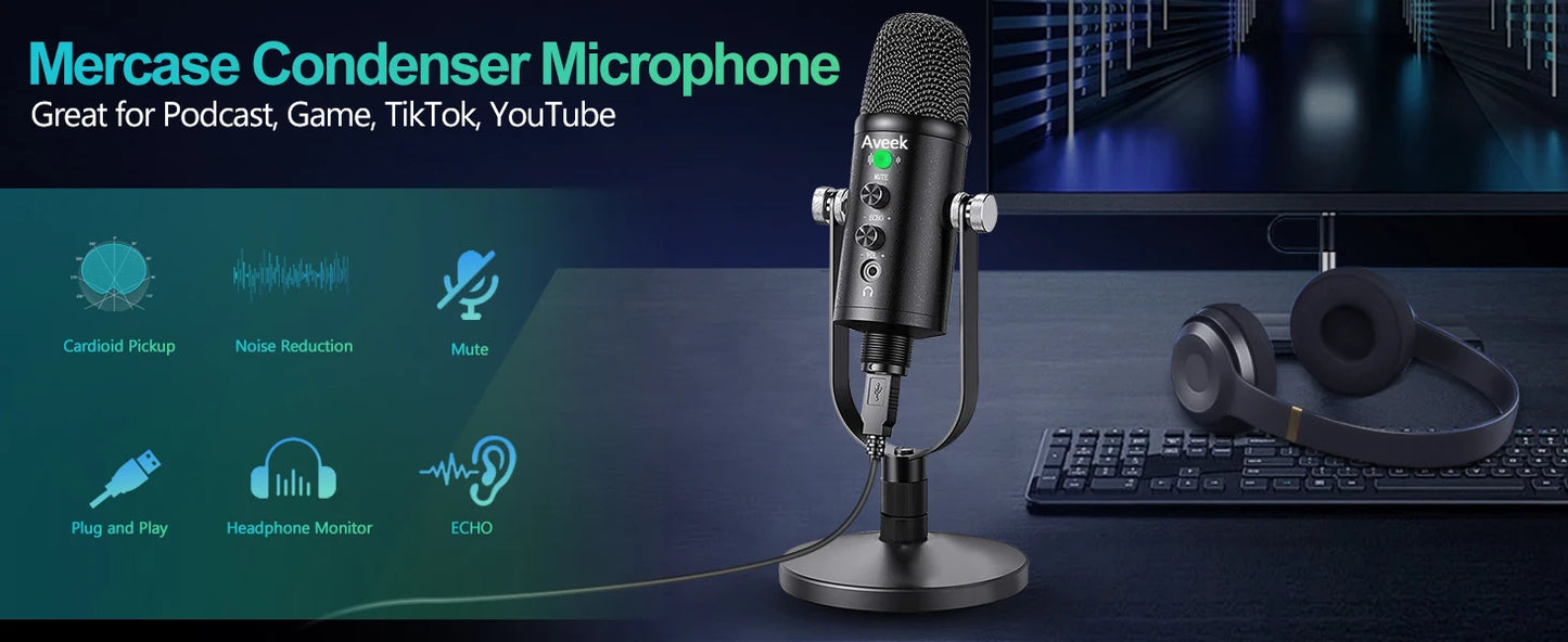 Mercase USB Condenser Microphone with Mute and Plug and Play