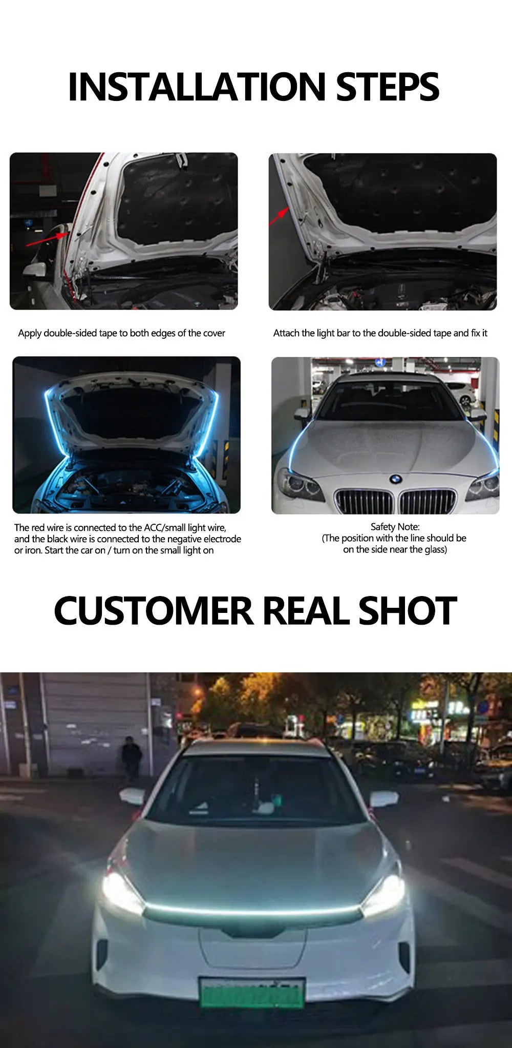150 180CM Car Hood LED Running Light Strip White Dynamic